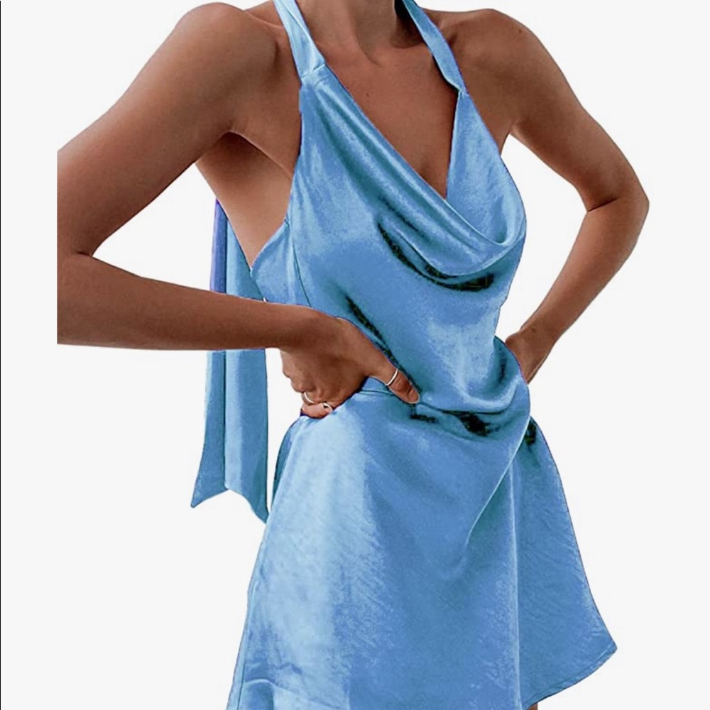 Sky blue satin mini dress